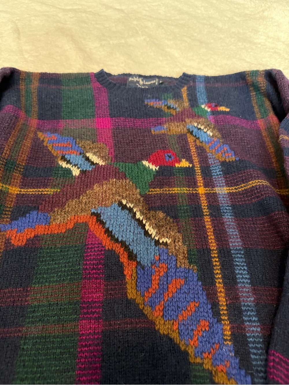 Ralph Lauren Plaid Crewneck Sweater with Duck Intarsia - Navy, Purple & Green - Picture 3 of 3